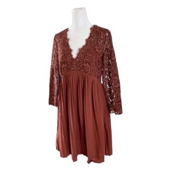 Zara Terracotta Pleated Guipure Lace Dress Size Medium - Picture 5 of 13